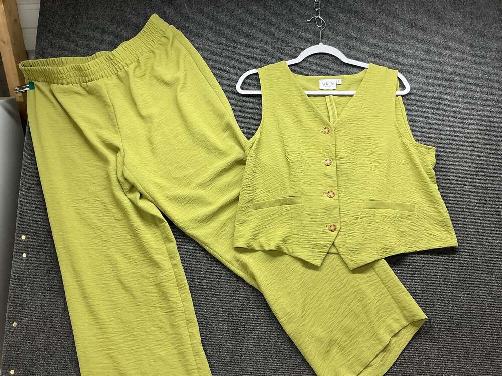 Wren New York Chartreuse Crinkled Texture Vest and Wide Leg Pant Set